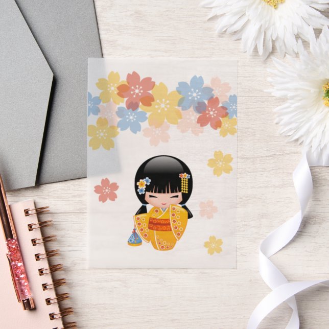 Invitations En Vélin Été Kokeshi Doll Jaune Kimono Geisha Insérer (Mariage)