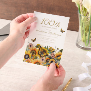 Invitations En Vélin Fête d'anniversaire des 100 ans Tournesols Papillo
