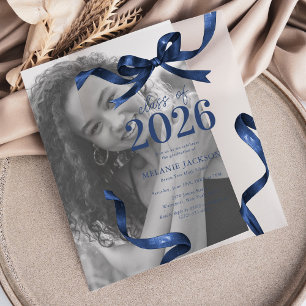 Invitations En Vélin Fête de fin d'études au ruban bleu élégant