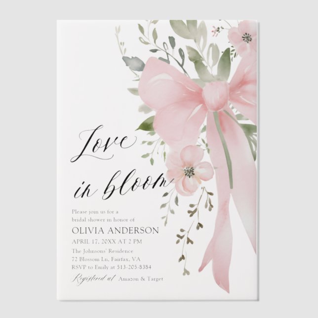 Invitations En Vélin Fête de mariage Floral Ruban Rose (Recto)