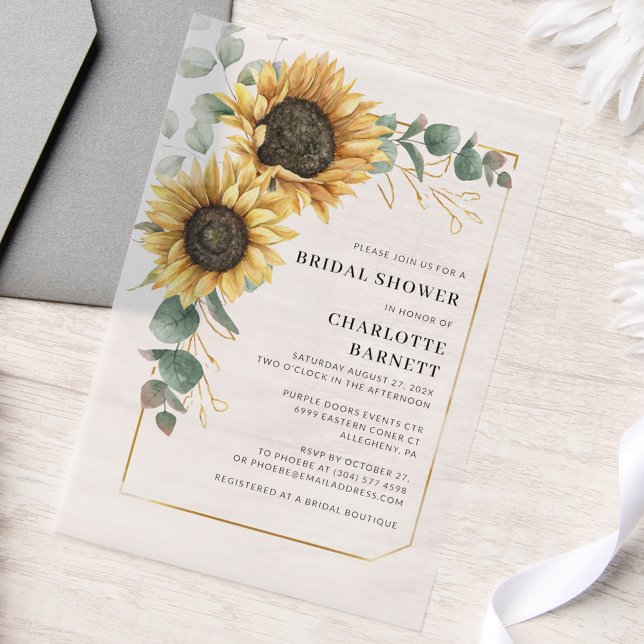 Invitations En Vélin Fête des mariées Eucalyptus Élégante de tournesol  (Sunflower Floral Eucalyptus Watercolor Bridal Shower Invitation)