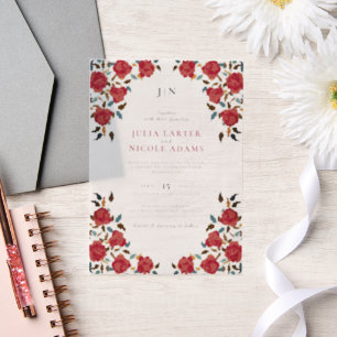 Invitations En Vélin Fleur de mariage Rose Rouge Dorée Élégante Poussié
