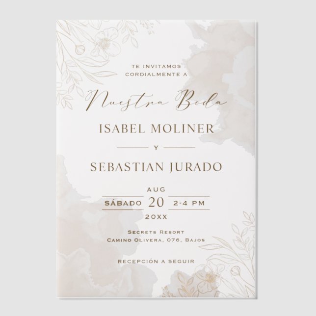 Invitations En Vélin Fleur sauvage d'or Nuestra Boda Mariage espagnol (Recto)