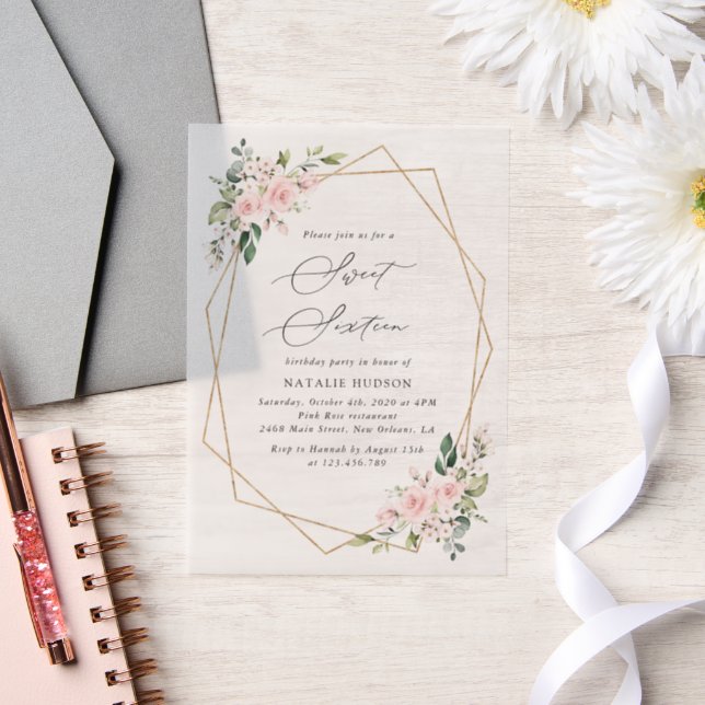 Invitations En Vélin Fleurs blanches, Fleurs roses, Boho, Sweet 16 (Mariage)