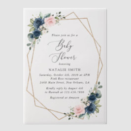 Invitations En Vélin Fleurs Bleues Marine, Fleurs Roses, Baby shower
