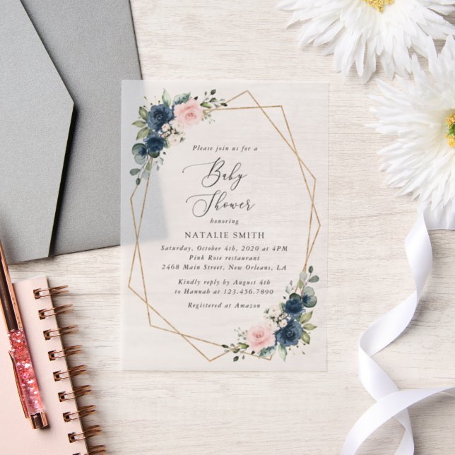 Invitations En Vélin Fleurs Bleues Marine, Fleurs Roses, Baby shower (Mariage)