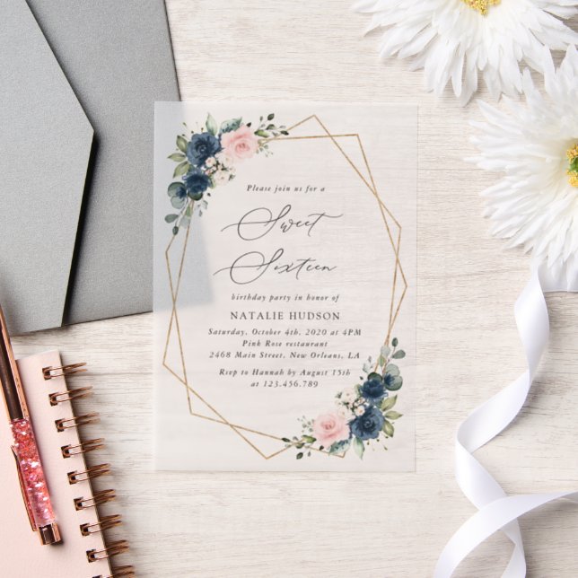 Invitations En Vélin Fleurs Bleues Marine, Fleurs Roses, Boho, Sweet 16 (Mariage)