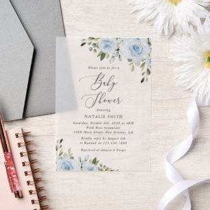 Invitations En Vélin Fleurs bleues poussiéreuses, Verdure, Boho, Baby s
