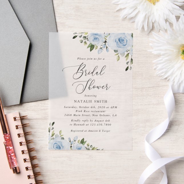 Invitations En Vélin Fleurs bleues poussiéreuses, Verdure, Boho, Fête d (Mariage)