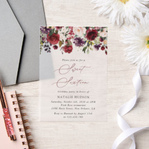 Invitations En Vélin Fleurs Bourgogne, Fleurs roses, Boho, Sweet 16