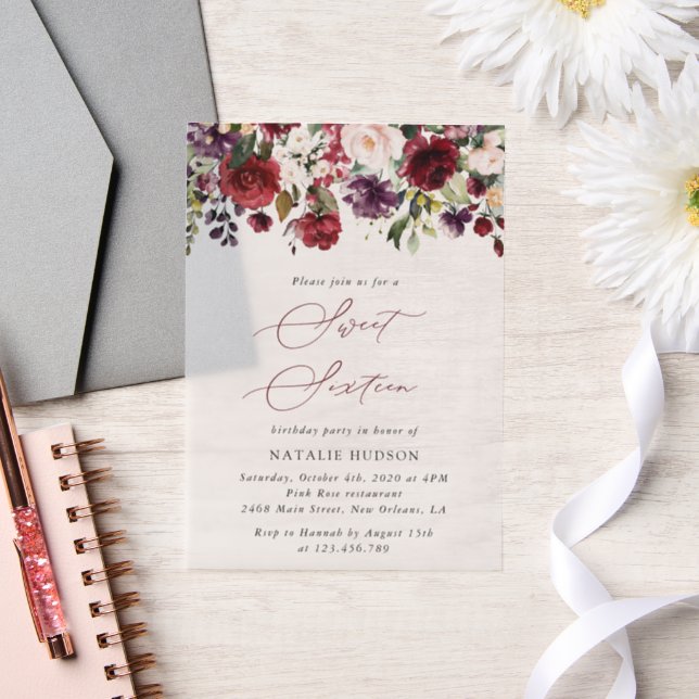 Invitations En Vélin Fleurs Bourgogne, Fleurs roses, Boho, Sweet 16 (Mariage)