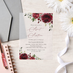 Invitations En Vélin Fleurs Bourgogne, Fleurs rouges, Verdure, Doux 16