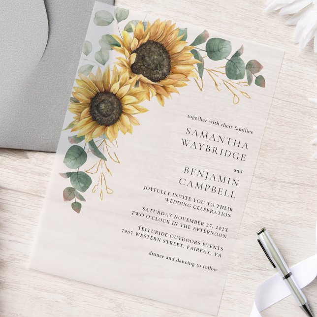 Invitations En Vélin Fleurs de soleil et Eucalyptus Mariage rustique (Floral Sunflower Eucalyptus Wedding Vellum Invitation)