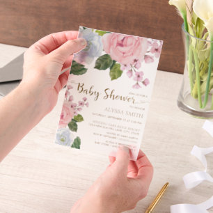 Invitations En Vélin Fleurs de verdure blanches roses pour bébé fille