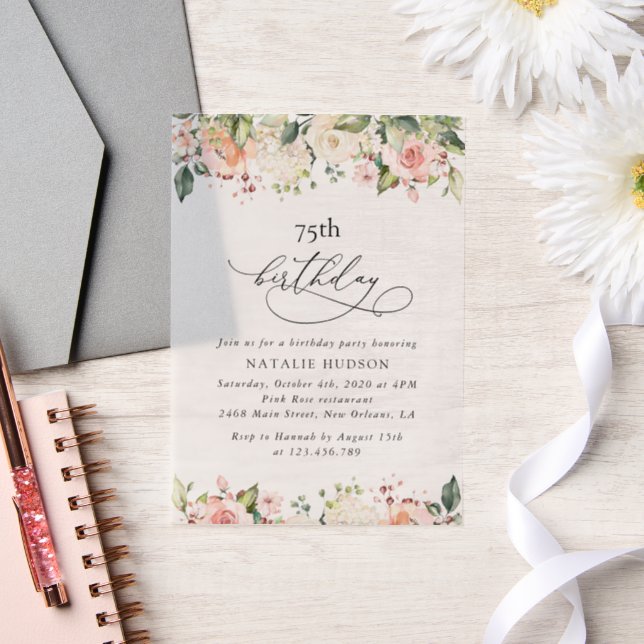 Invitations En Vélin Fleurs roses, Fleurs blanches, Bohème, Anniversair (Mariage)