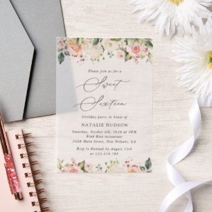 Invitations En Vélin Fleurs roses, Fleurs blanches, Boho, Sweet 16