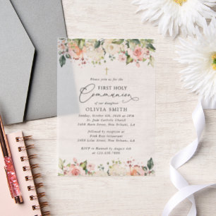 Invitations En Vélin Fleurs roses, Fleurs blanches, Première Sainte Com