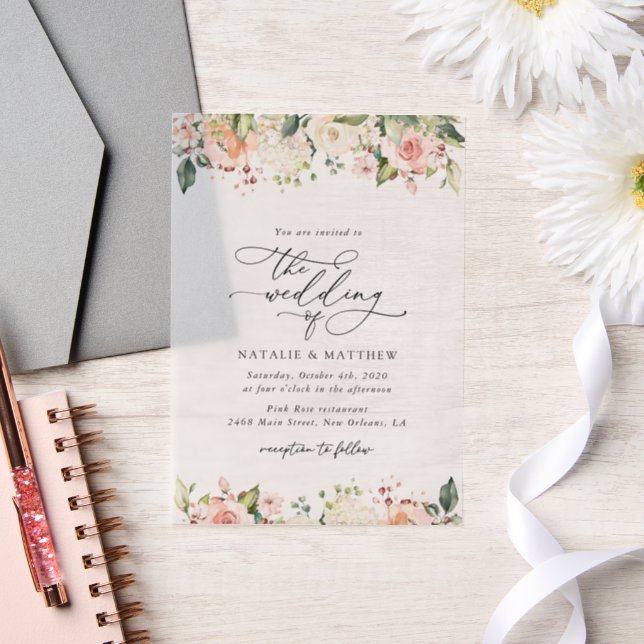Invitations En Vélin Fleurs roses, Fleurs blanches, Verdure, Mariage (Mariage)