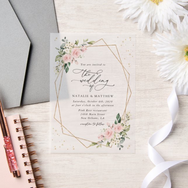 Invitations En Vélin Fleurs roses, Fleurs blanches, Verdure, Mariage (Mariage)