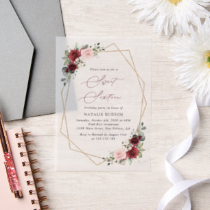 Invitations En Vélin Fleurs Rouges Bourgogne, Fleurs Roses, Douces 16