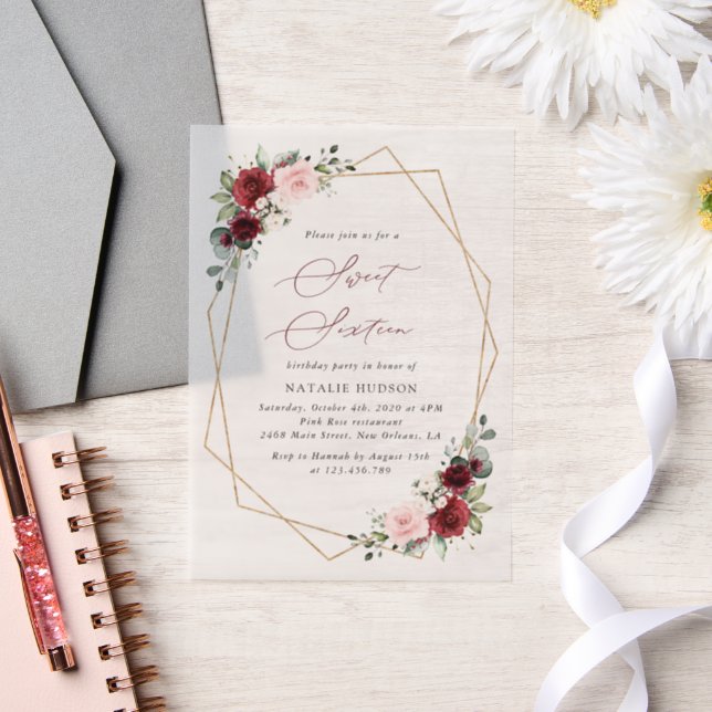 Invitations En Vélin Fleurs Rouges Bourgogne, Fleurs Roses, Douces 16 (Mariage)