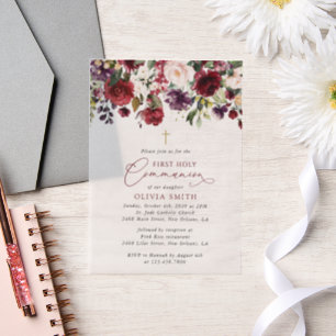 Invitations En Vélin Fleurs rouges, fleurs roses, première sainte commu