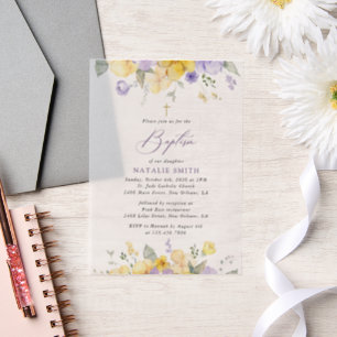 Invitations En Vélin Fleurs violettes, Fleurs jaunes, Bohème, Baptême