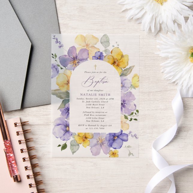 Invitations En Vélin Fleurs Violettes, Fleurs Jaunes, Bohème, Baptême (Mariage)