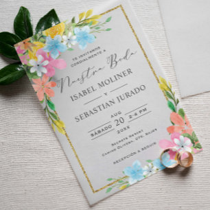 Invitations En Vélin Floral Gold Frontière Nuestra Boda Mariage espagno