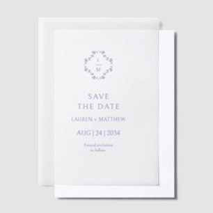 Invitations En Vélin Flore bleu et blanc Mariage monogramme plat