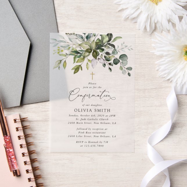 Invitations En Vélin Greenery, Eucalyptus Leaves, Boho, Confirmation (Mariage)