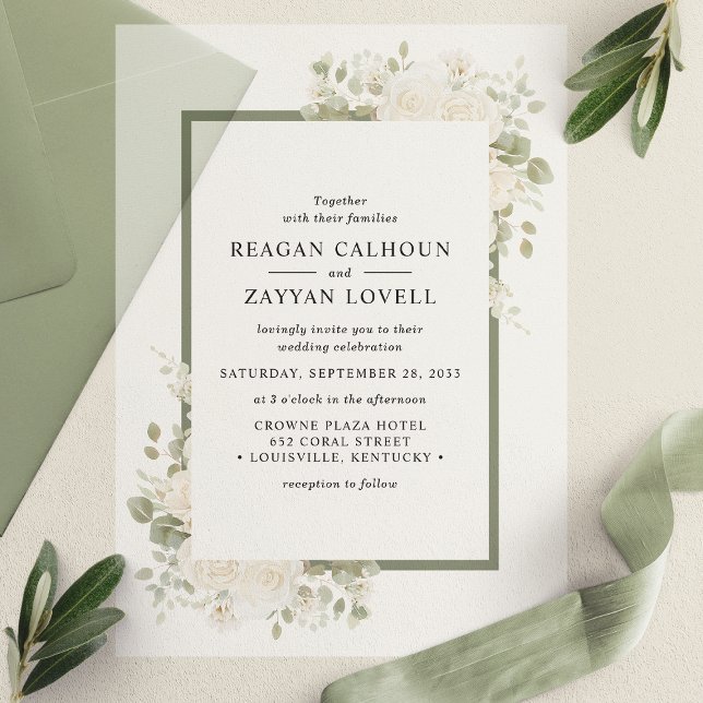 Invitations En Vélin Iivoire Et Sage Élégant Mariage De Cadre Floral (Créateur téléchargé)