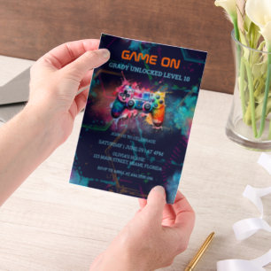 Invitations En Vélin Jeu Vidéo Anniversaire Fête Neon Jeu sur niveau ve