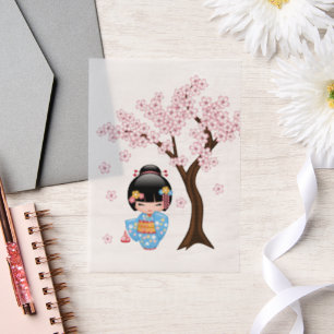 Invitations En Vélin Maiko Kokeshi Poupée bleu Kimono Geisha Girl Inser