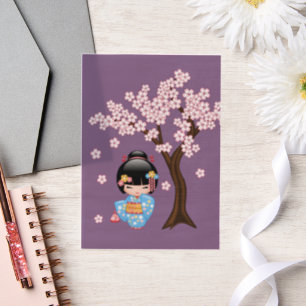 Invitations En Vélin Maiko Kokeshi Purple Kimono Geisha Girl Insert
