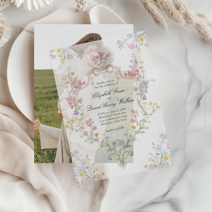 Invitations En Vélin Mariage à crête florale rococo élégant et fantaisi