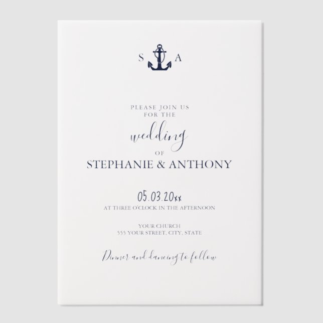 Invitations En Vélin Mariage d'Ancre bleu marine Monogram (Recto)