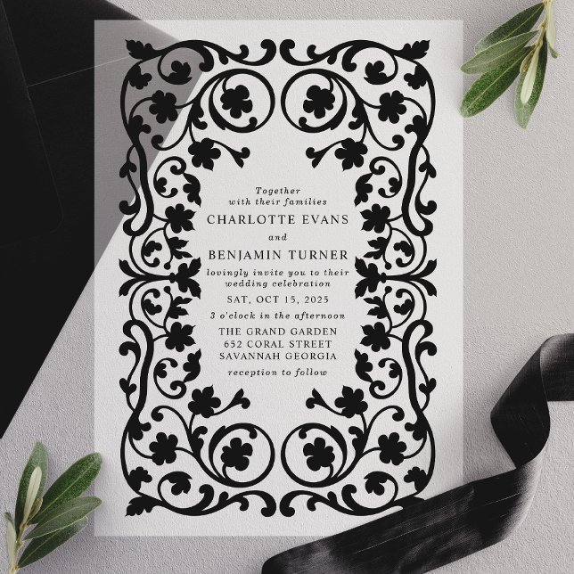 Invitations En Vélin Mariage de cadre floral orné noir (Créateur téléchargé)