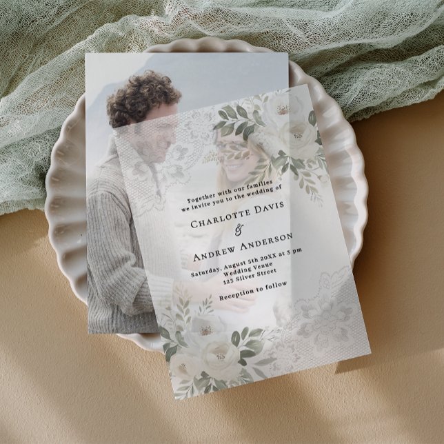 Invitations En Vélin Mariage de dentelle fleurie blanche (Créateur téléchargé)