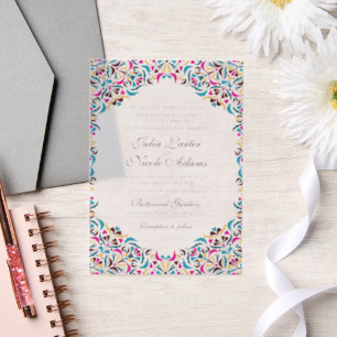 Invitations En Vélin Mariage de mandala floral fantaisiste bleu magenta