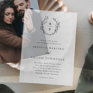 Invitations En Vélin Mariage de monogramme de couronne de laurier tiré 