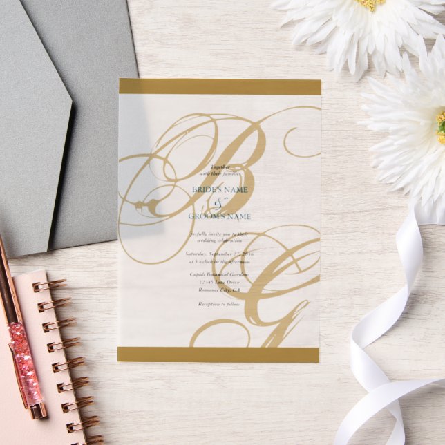 Invitations En Vélin Mariage de monogramme or Blue Elegant (Mariage)