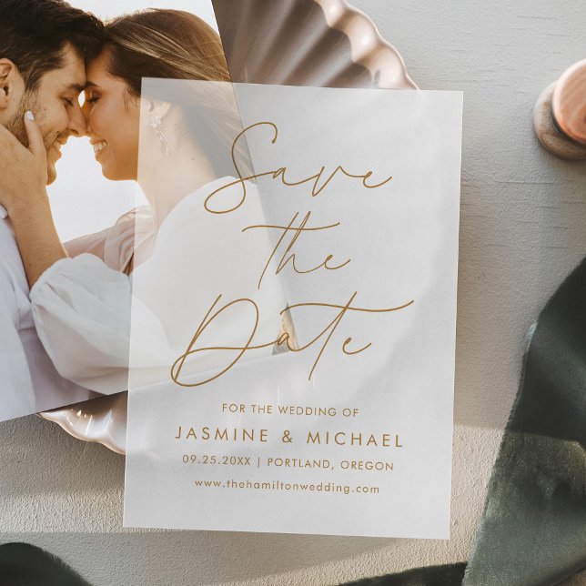 Invitations En Vélin Mariage de script d'or moderne Enregistrer la date (Créateur téléchargé)