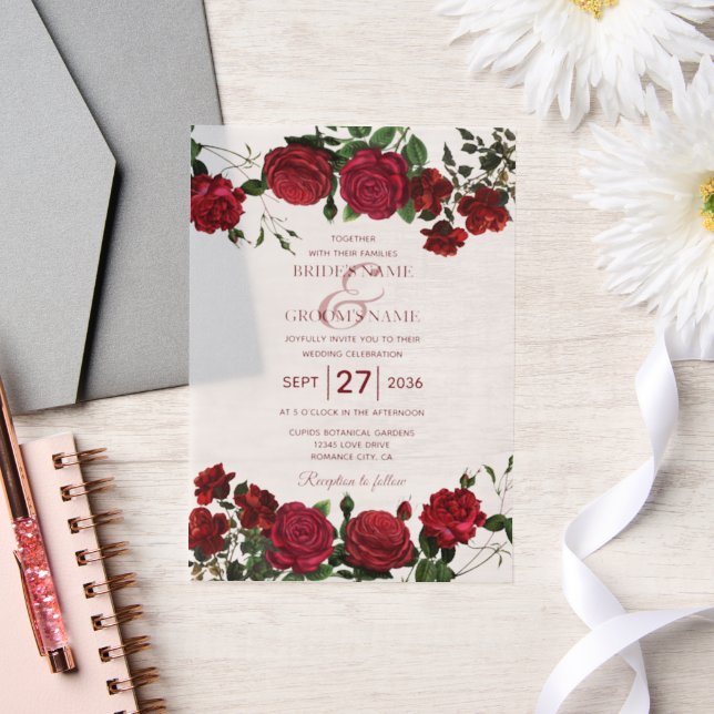 Invitations En Vélin Mariage de superposition Mariage Roses rouges aqua (Mariage)