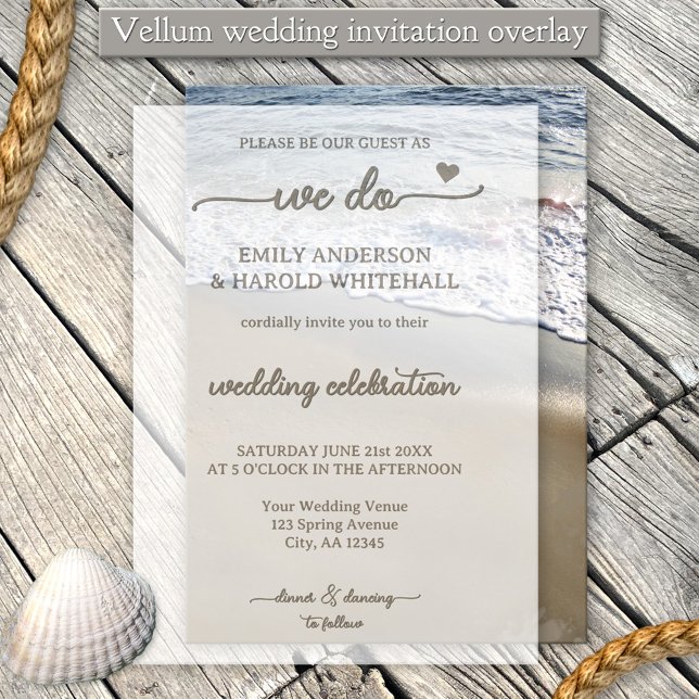 Invitations En Vélin Mariage élégant et moderne (Elegant playful vellum wedding invitation featuring script text and a heart in sandy beach colors)