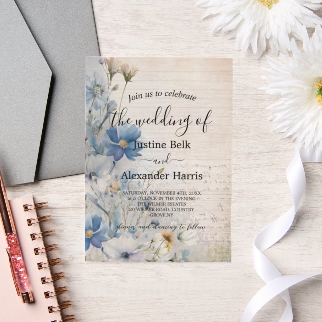 Invitations En Vélin Mariage Fleur sauvage bleu Dusty (Mariage)