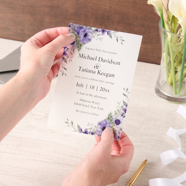 Invitations En Vélin mariage fleurs violettes aquarelle élégantes  (Ordinateur de poche)