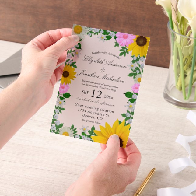 Invitations En Vélin Mariage floral rustique Tournesol Daisy (Ordinateur de poche)