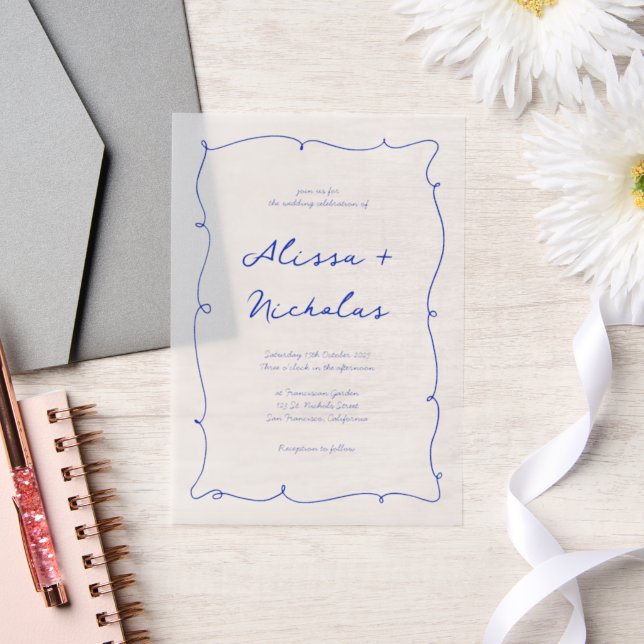 Invitations En Vélin Mariage frontalier bleu, main droite, moderne (Mariage)