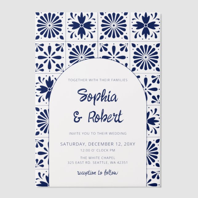 Invitations En Vélin Mariage mexicain Blue Talavera (Recto)